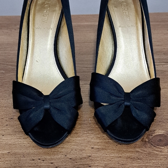 J. Crew Black Heels Women's Size 8 Fabric Upper Bow Open Toe Gold Made in Italy - Picture 5 of 16